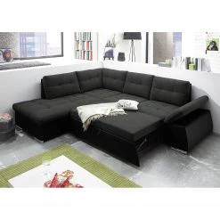 Fredriks Canapé d'angle Puntiro (convertible) - Cuir synthétique Lilo / Tissu structuré Satur: Noit / Anthracite - Méridienne longue à gauche (vue de face) -Meubles de salon Soldes ecksofa puntiro mit schlaffunktion kunstleder webstoff ottomane davorstehend links schwarz dunkelbraun 4459048