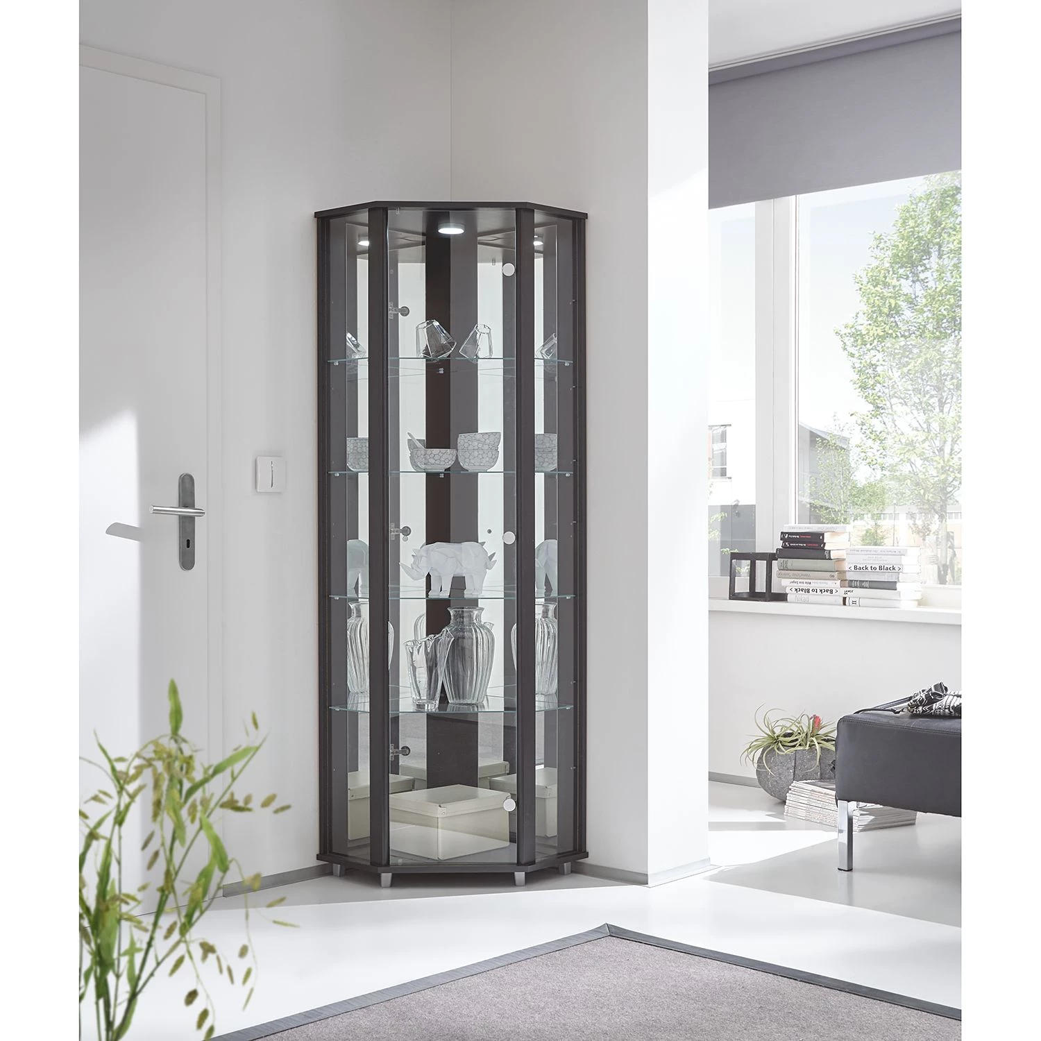 Fredriks Vitrine d'angle Amalia I - Éclairage inclus - Imitation hêtre - Noir 4 Fredriks Vitrine d'angle Amalia I - Éclairage inclus - Imitation hêtre - Noir – Image 2