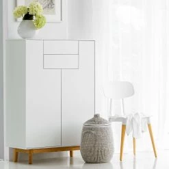 Mørteens Buffet haut Lindholm I - Partiellement en chêne massif - Blanc -Meubles de salon Soldes highboard lindholm weiss dekor eiche massiv 2763618
