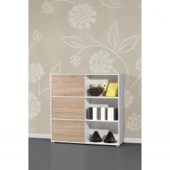 Germania Etagère à portes coulissantes Mingle II - Blanc / Imitation chêne Sonoma -Meubles de salon Soldes schiebetuerenregal mingle ii weiss eiche sonoma dekor 5029192