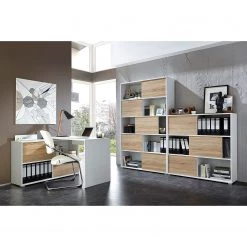 Germania Etagère à portes coulissantes Mingle II - Blanc / Imitation chêne Sonoma -Meubles de salon Soldes schiebetuerenregal mingle ii weiss eiche sonoma dekor 5035820