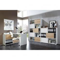 Germania Etagère à portes coulissantes Mingle II - Blanc / Imitation chêne Sonoma -Meubles de salon Soldes schiebetuerenregal mingle ii weiss eiche sonoma dekor 5035824