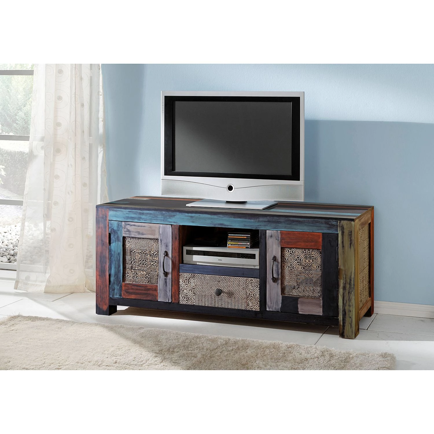 Wolf-Möbel Meuble TV Goa III - Partiellement en manguier massif - Manguier marron foncé / Bleu 4 Wolf-Möbel Meuble TV Goa III - Partiellement en manguier massif - Manguier marron foncé / Bleu – Image 2