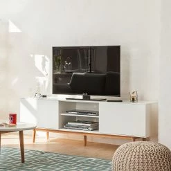 Mørteens Meuble TV Lindholm - Partiellement en chêne massif - Blanc - 180 x 45 cm -Meubles de salon Soldes tv lowboard lindholm eiche teilmassiv weiss 580886