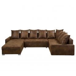 Mooved Canapé panoramique Sibenik (convertible) - Aspect cuir vieilli - Marron - Méridienne courte à droite / longue à gauche (vue de face) -Meubles de salon Soldes wohnlandschaft sibenik antiklederoptik longchair davorstehend rechts ottomane links braun 4960352