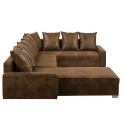 Mooved Canapé panoramique Sibenik (convertible) - Aspect cuir vieilli - Marron - Méridienne courte à droite / longue à gauche (vue de face) -Meubles de salon Soldes wohnlandschaft sibenik antiklederoptik longchair davorstehend rechts ottomane links braun 4960360