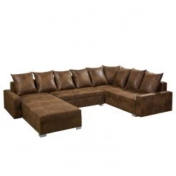 Mooved Canapé panoramique Sibenik (convertible) - Aspect cuir vieilli - Marron - Méridienne courte à droite / longue à gauche (vue de face) -Meubles de salon Soldes wohnlandschaft sibenik antiklederoptik longchair davorstehend rechts ottomane links braun 4960368