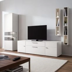 GWINNER Ensemble mural Anzio I (4 éléments) - Blanc mat - Porte en verre à gauche - Avec éclairage